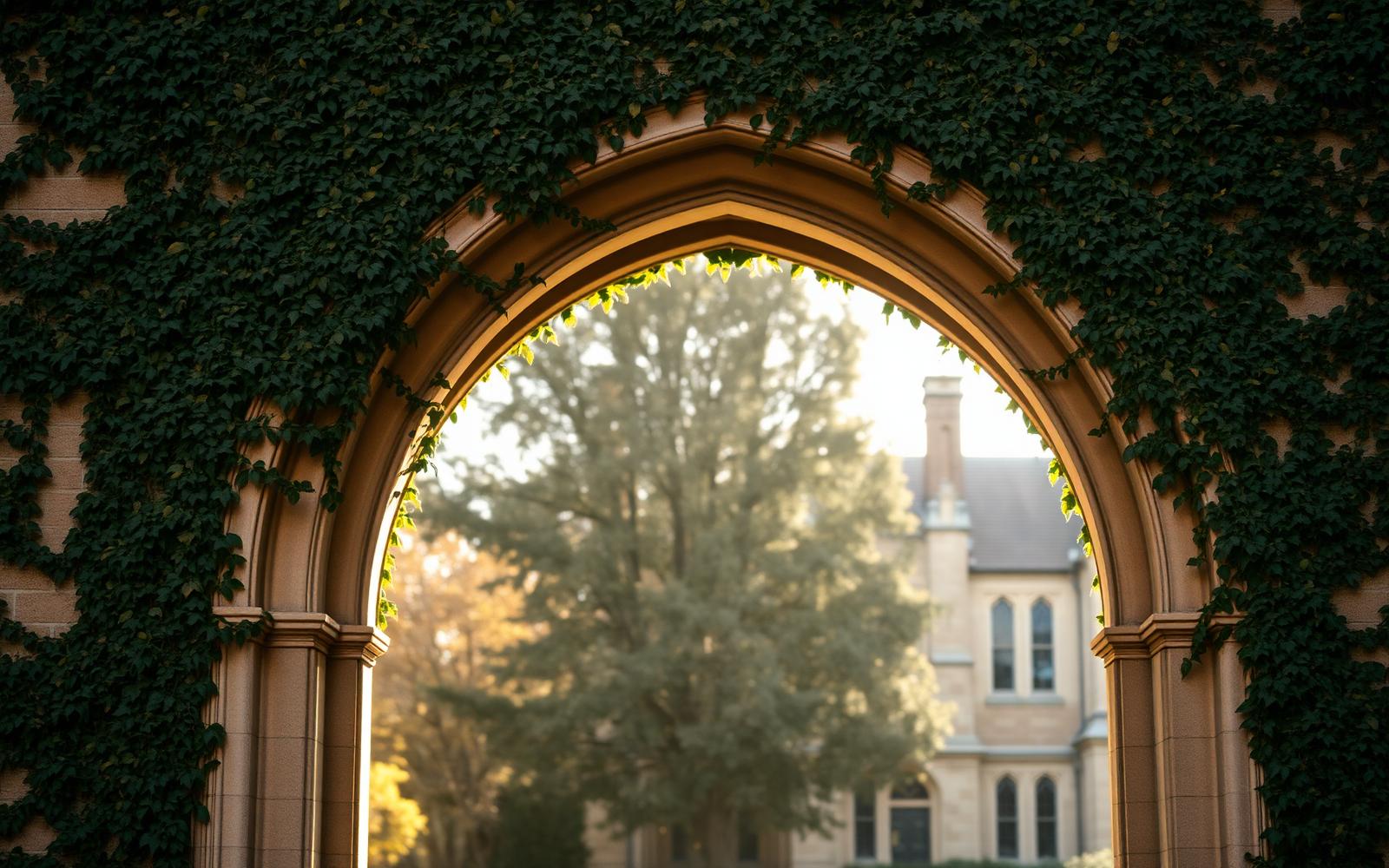 Ivy-covered university archway at golden hour